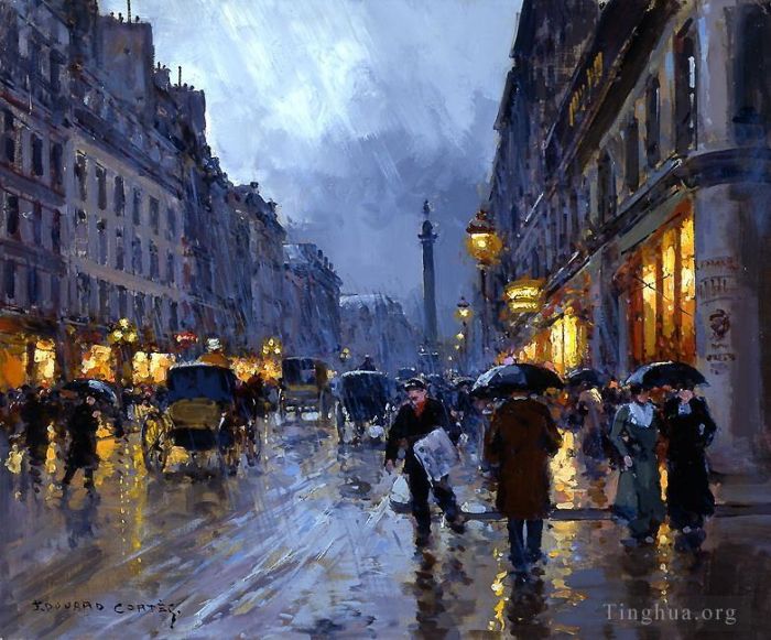 Edouard Cortes Oil Painting - Rue de la paix rain
