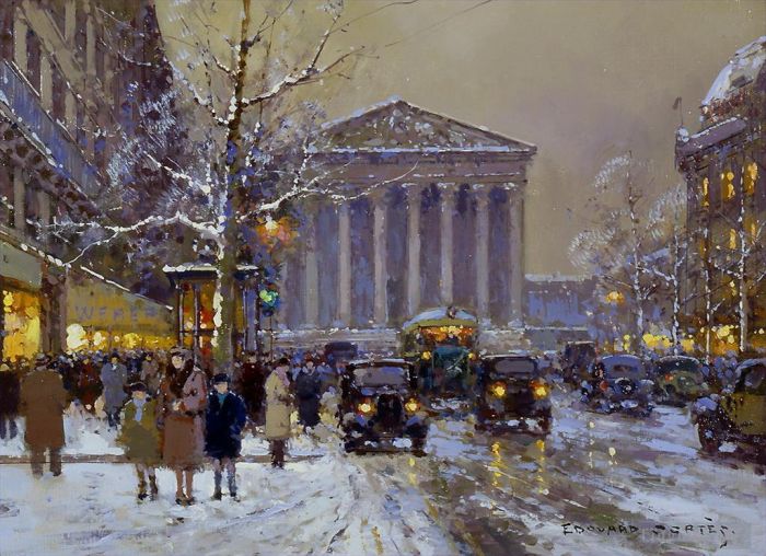 Edouard Cortes Oil Painting - Rue royale madeleine winter
