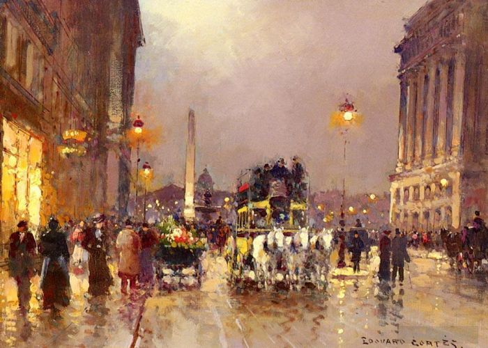 Edouard Cortes Oil Painting - The concorde square le soir