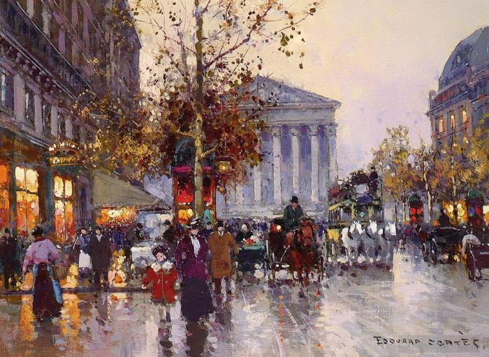 Edouard Cortes Oil Painting - The view from madeleine la rue royale