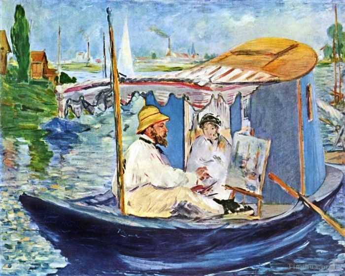 Edouard Manet Oil Painting - Monet in his Studio Boat (Claude Monet Painting on His Boat-Studio in Argenteuil)