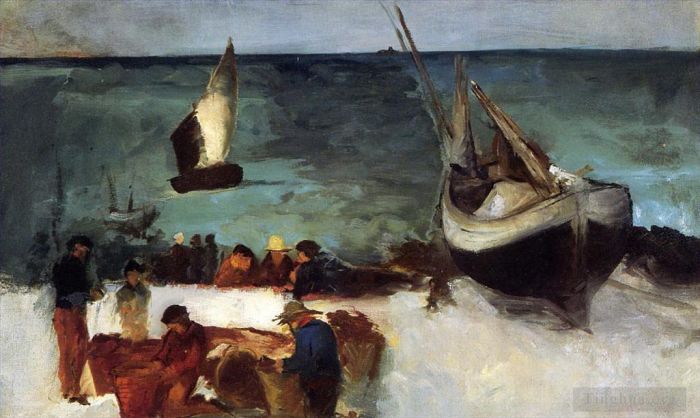 Edouard Manet Oil Painting - Seascape at Berck Fishing Boats and Fishermen
