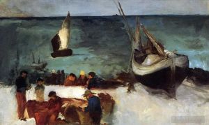 Artist Edouard Manet's Work - Seascape at Berck Fishing Boats and Fishermen