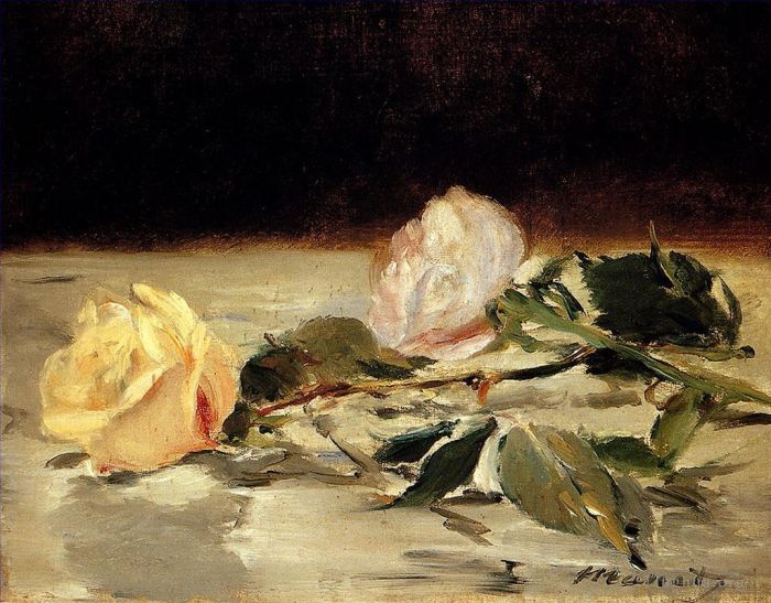 Edouard Manet Oil Painting - Two Roses on a Tablecloth