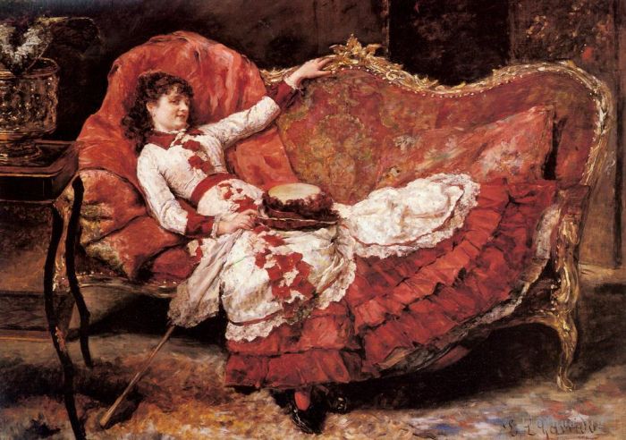 Eduardo Leon Garrido Oil Painting - An Elegant Lady In A Red Dress
