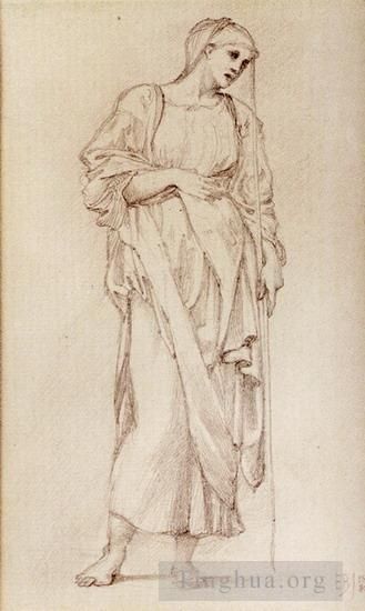 Edward Burne-Jones Various Paintings - Study Of A Standing Female Figure Holding A Staff