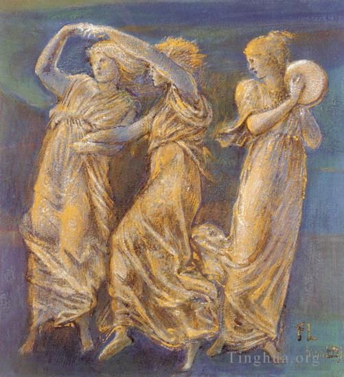 Edward Burne-Jones Various Paintings - ThreeFemale Figures Dancing And Playing