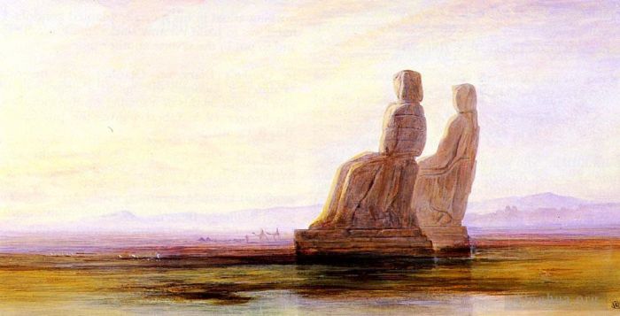 Edward Lear Oil Painting - The Plain Of Thebes With Two Colossi