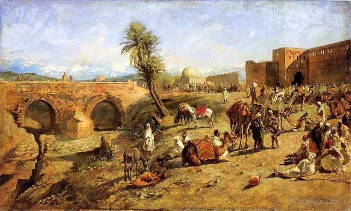Edwin Lord Weeks Oil Painting - Arrival of a Caravan Outside The City of Morocco