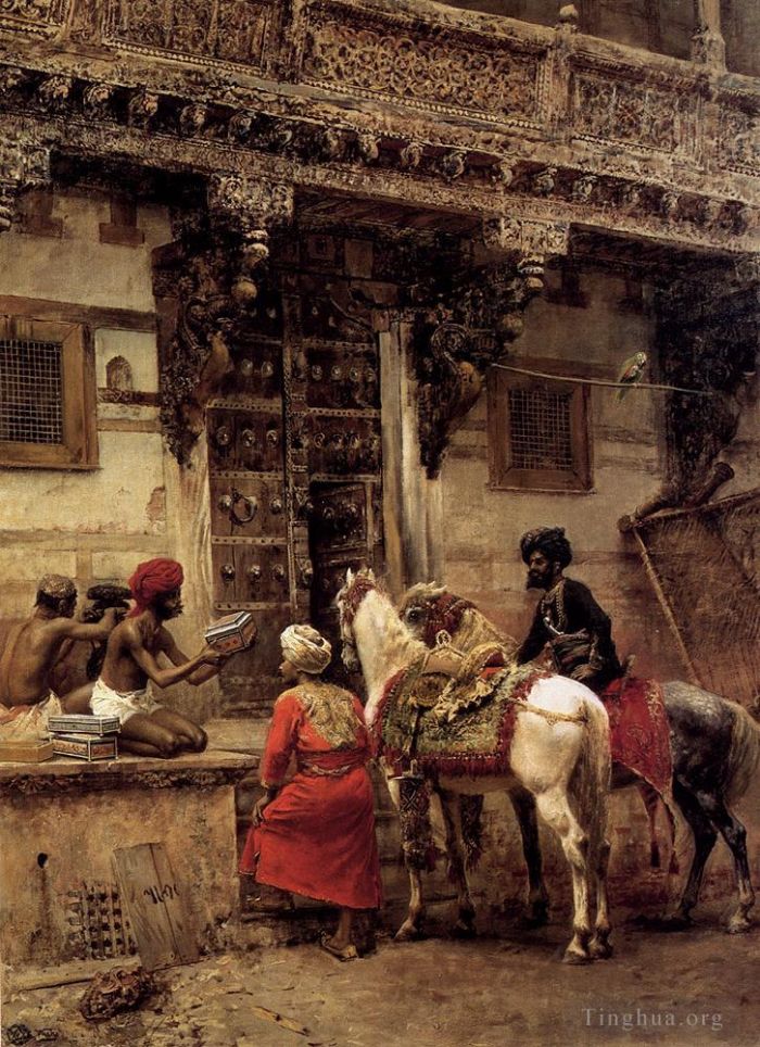 Edwin Lord Weeks Oil Painting - Craftsman Selling Cases By A Teak Wood Building Ahmedabad