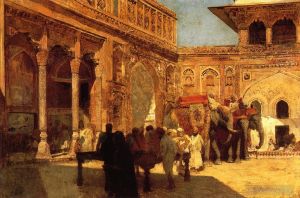Artist Edwin Lord Weeks's Work - Elephants and Figures in a Courtyard Fort Agra