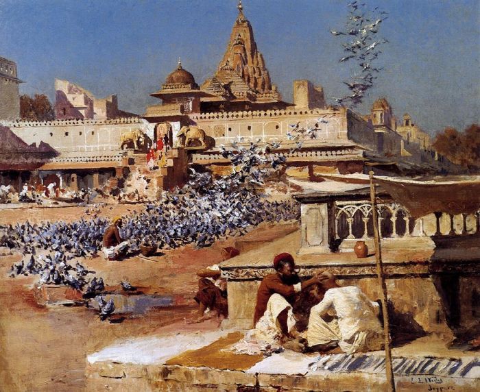 Edwin Lord Weeks Oil Painting - Feeding The Sacred Pigeons Jaipur