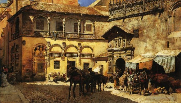 Edwin Lord Weeks Oil Painting - Market Square in Front of the Sacristy and Doorway of the Cathedral Granada