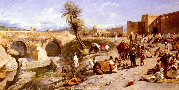 Edwin Lord Weeks Oil Painting - The Arrival Of A Caravan Outside Marakesh