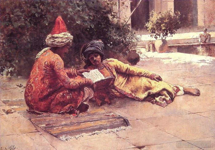 Edwin Lord Weeks Oil Painting - Two Arabs Reading in a Courtyard