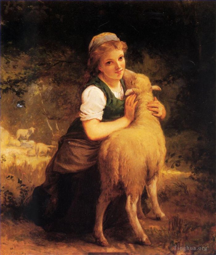 Emile Munier Oil Painting - Young Girl with Lamb