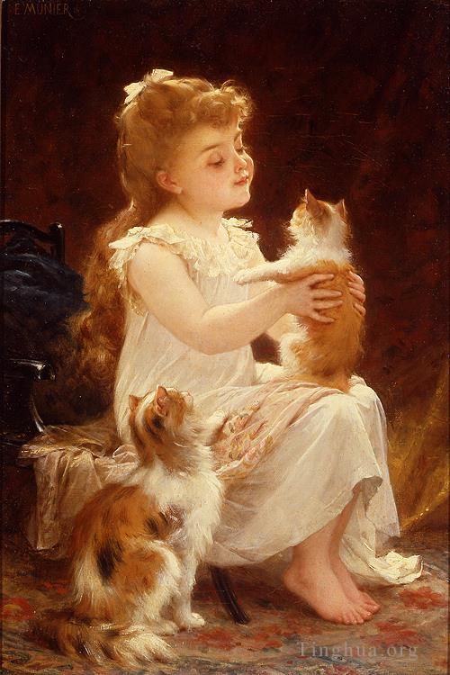 Emile Munier Oil Painting - Playing with the kitten