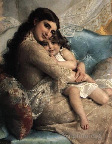 Emile Munier Oil Painting - Portrait of a mother and daughter