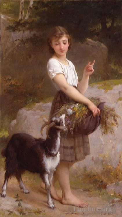 Emile Munier Oil Painting - Young girl with goat and flowers