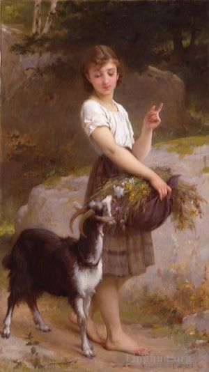 Artist Emile Munier's Work - Young girl with goat and flowers