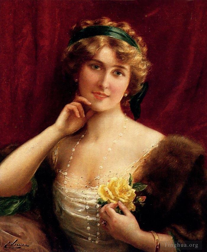 Emile Vernon Oil Painting - An Elegant Lady With A Yellow Rose