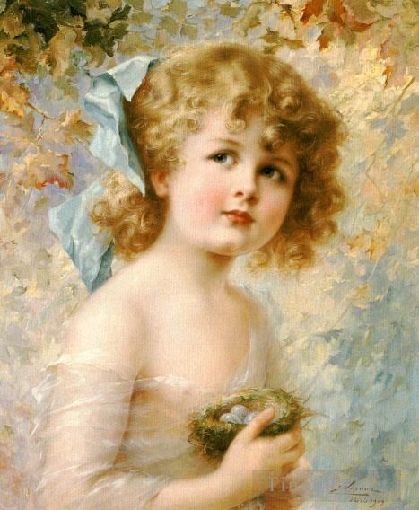 Emile Vernon Oil Painting - Girl Holding a Nest