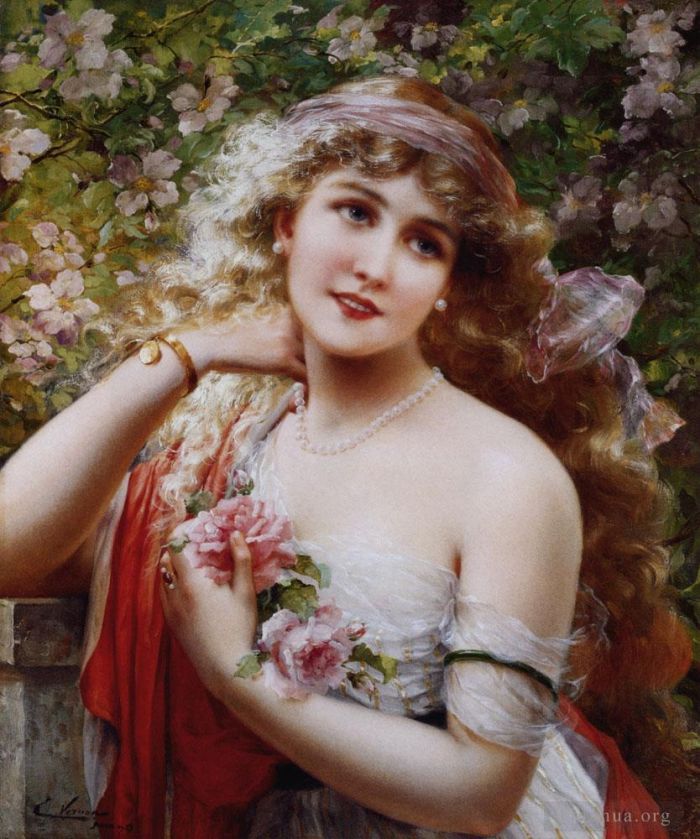 Emile Vernon Oil Painting - Young Lady With Roses