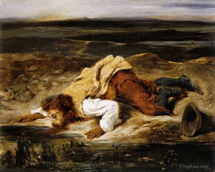 Eugene Delacroix Oil Painting - A Mortally WOunded Brigand Quenches His Thirst