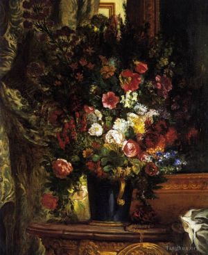 Artist Eugene Delacroix's Work - A Vase of Flowers on a Console