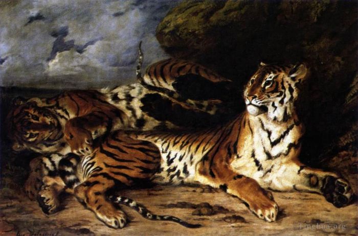 Eugene Delacroix Oil Painting - A Young Tiger Playing with its Mother