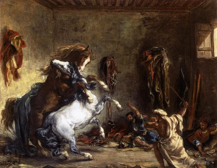 Eugene Delacroix Oil Painting - Arab Horses Fighting in a Stable