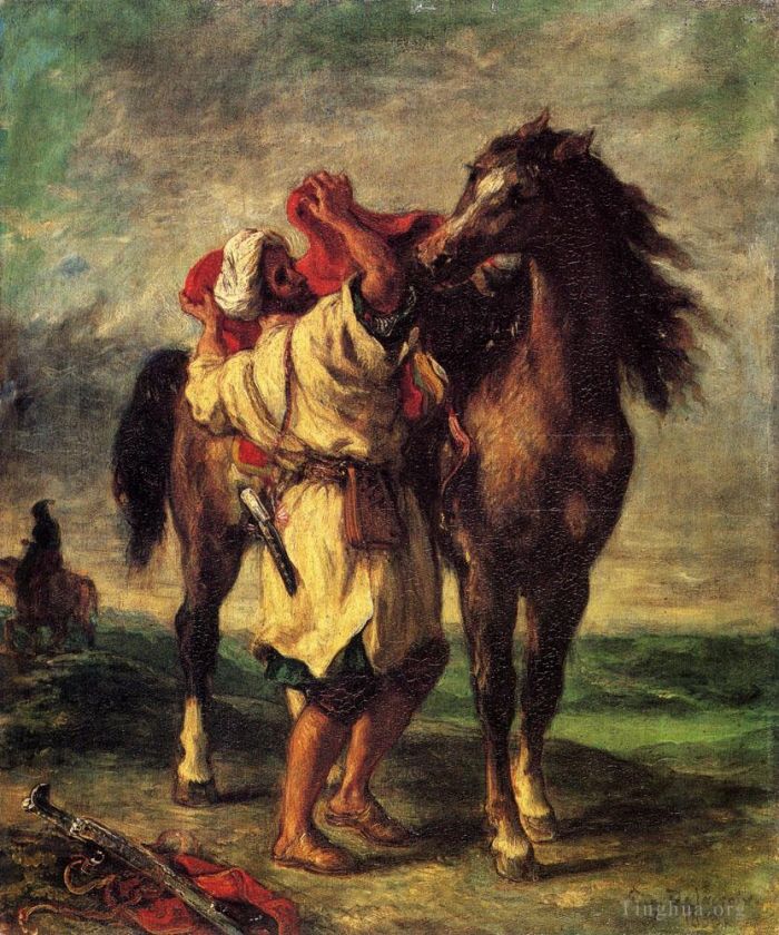 Eugene Delacroix Oil Painting - Ferdinand Victor Eugene A Moroccan Saddling A Horse
