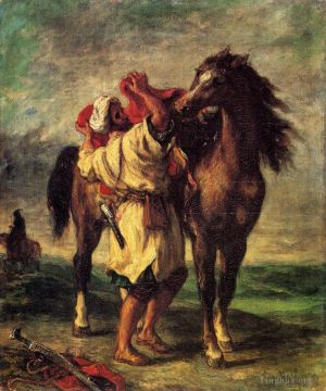 Artist Eugene Delacroix's Work - Ferdinand Victor Eugene A Moroccan Saddling A Horse
