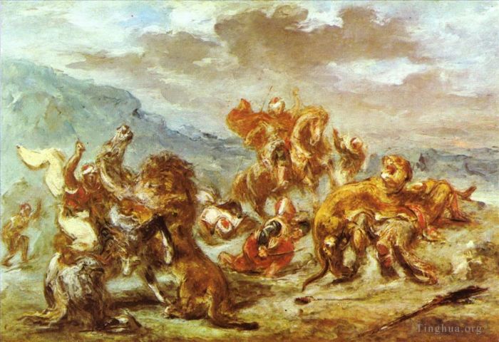 Eugene Delacroix Oil Painting - Lion hunt