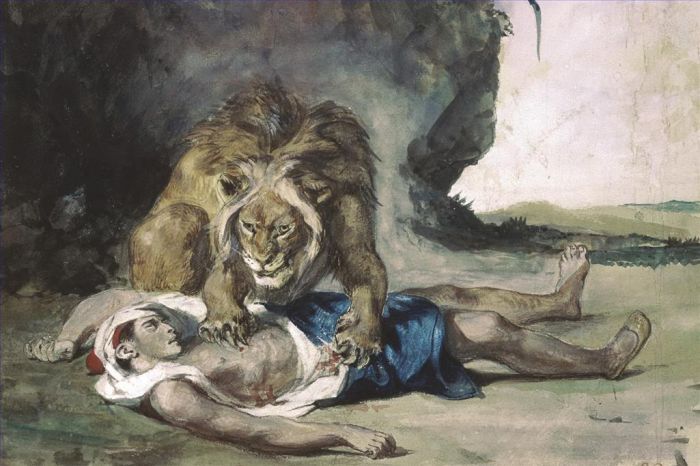 Eugene Delacroix Oil Painting - Lion rending apart a corpse