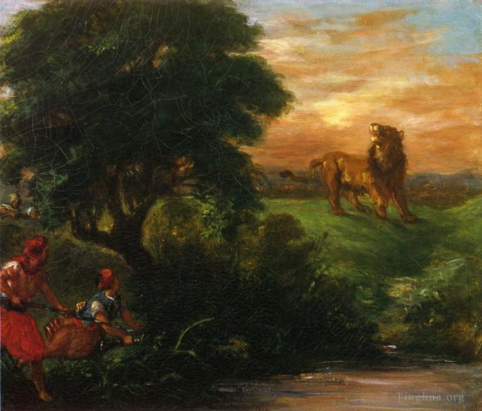 Eugene Delacroix Oil Painting - The lion hunt 1859
