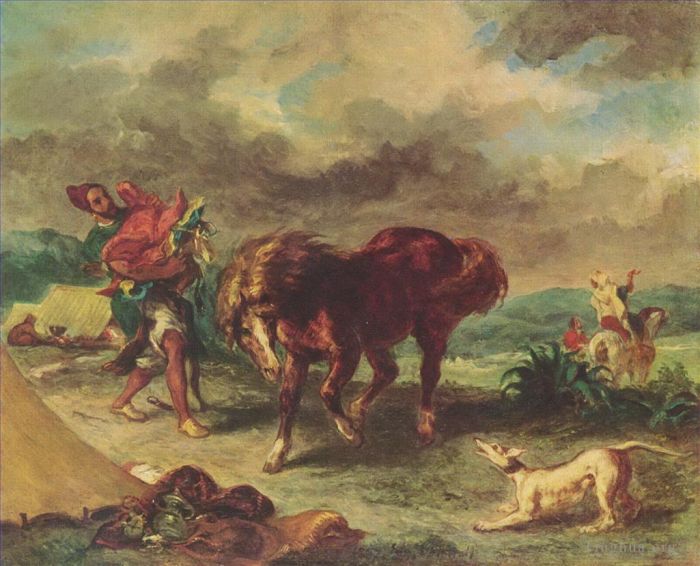 Eugene Delacroix Oil Painting - The moroccan and his horse 1857