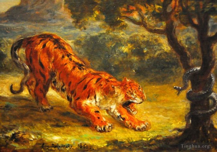 Eugene Delacroix Oil Painting - Tiger and snake 1862