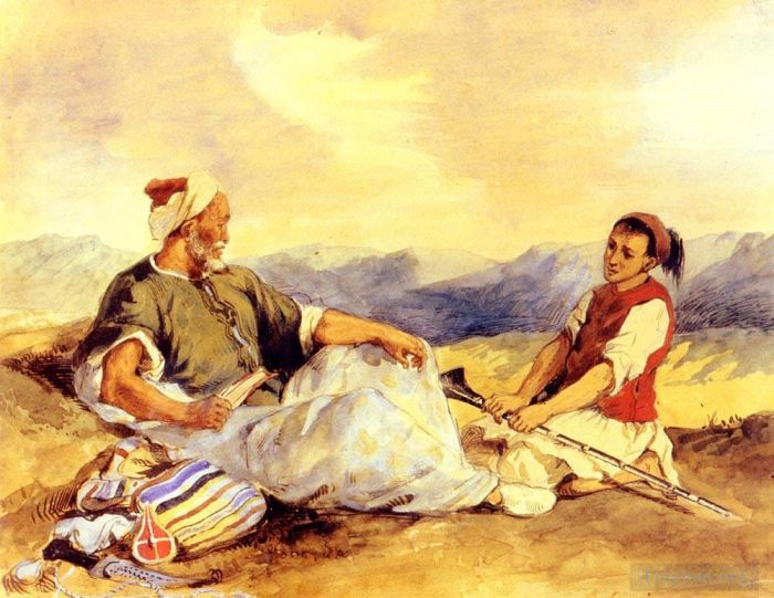 Eugene Delacroix Various Paintings - Two Moroccans Seated In The Countryside