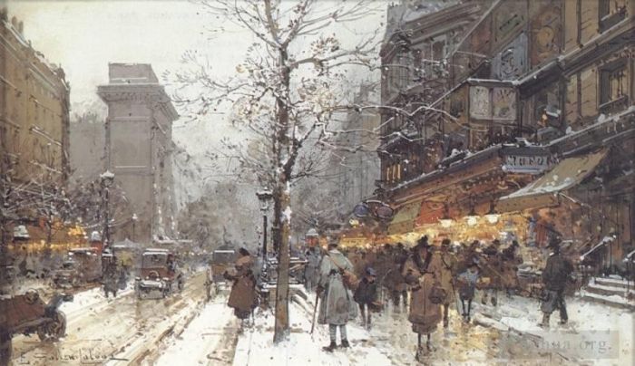 Eugène Galien-Laloue Various Paintings - A Busy Boulavard Under Snow Parisian