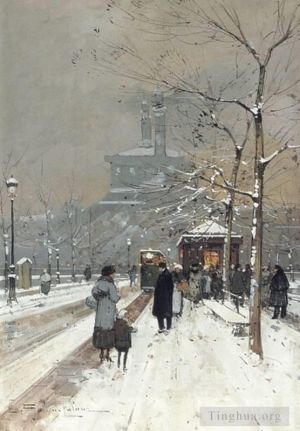 Artist Eugène Galien-Laloue's Work - FIGURES in the snow Paris Parisian