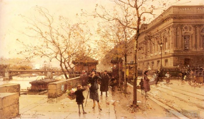 Eugène Galien-Laloue Various Paintings - Le Louvere Et La Passerelle Des Arts Parisian