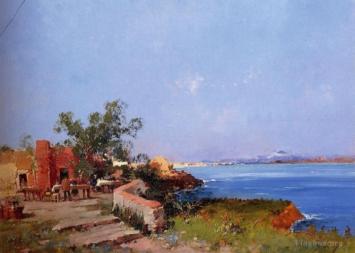 Eugène Galien-Laloue Various Paintings - Lunch On A Terrace With A View Of The Bay Of Naples