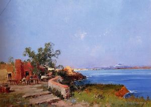 Artist Eugène Galien-Laloue's Work - Lunch On A Terrace With A View Of The Bay Of Naples