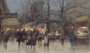 Artist Eugène Galien-Laloue's Work - On a Grand Boulevard at Dusk Parisian