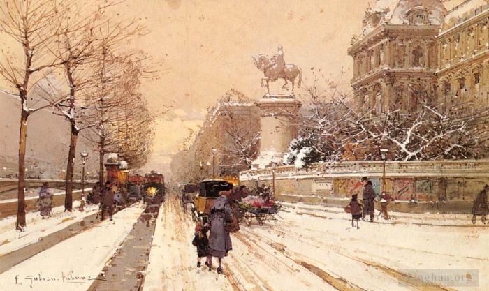 Eugène Galien-Laloue Various Paintings - Paris In Winter Parisian