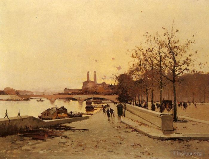 Eugène Galien-Laloue Various Paintings - Pont Sue La Seine Avec Une Vue Sur L ancien Trocadero Parisian