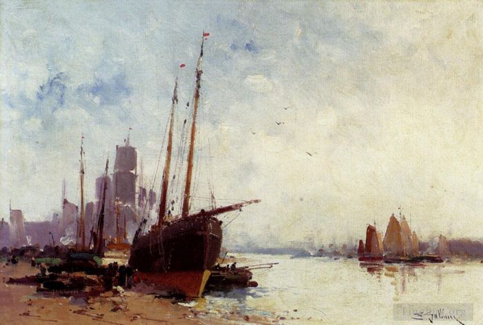 Eugène Galien-Laloue Various Paintings - Shipping In The Docks boat
