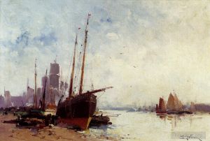 Artist Eugène Galien-Laloue's Work - Shipping In The Docks boat
