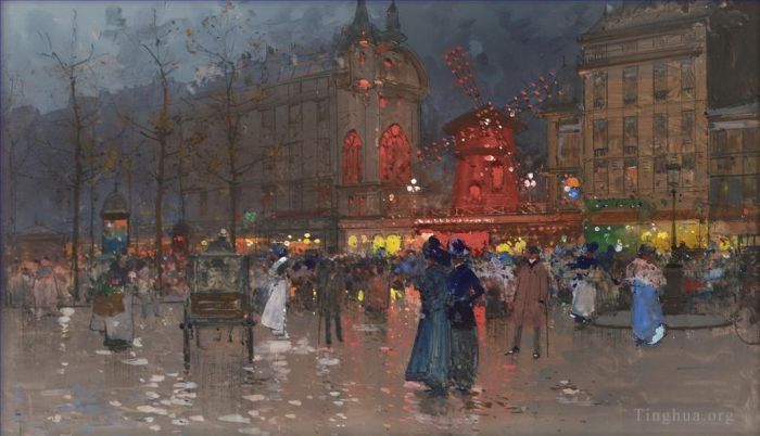 Eugène Galien-Laloue Various Paintings - The Moulin Rouge evening
